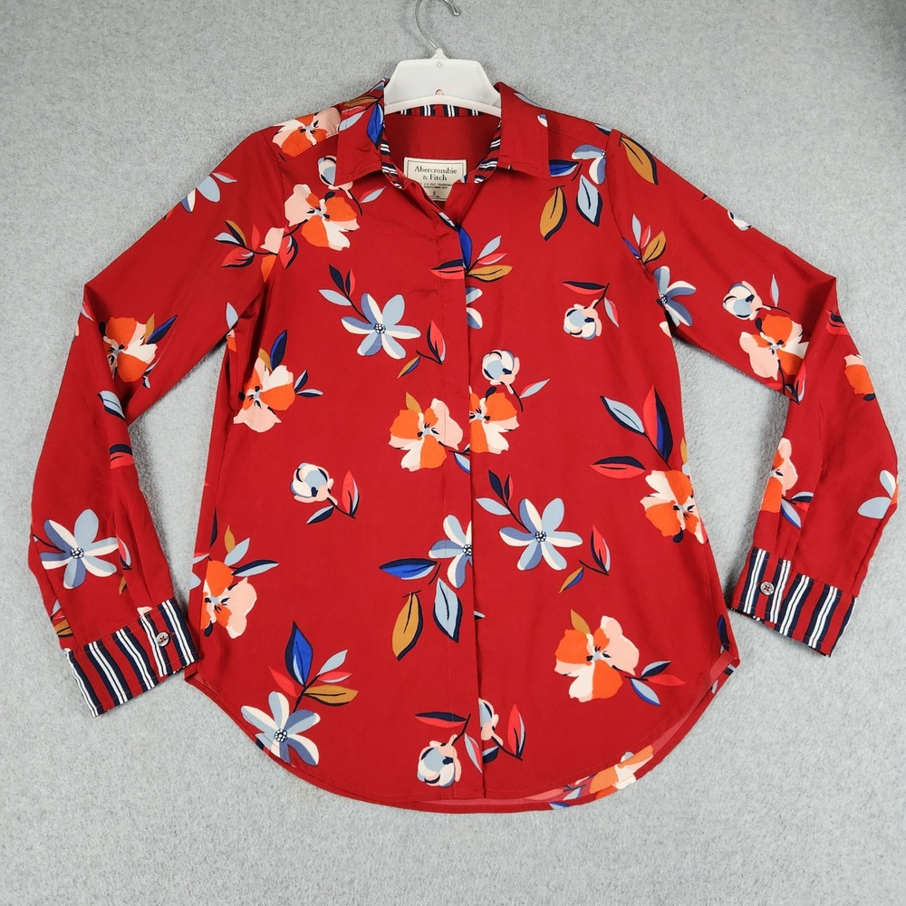 Abercrombie & Fitch Shirt Womens Small Red Floral Regular Fit Collared Button Up